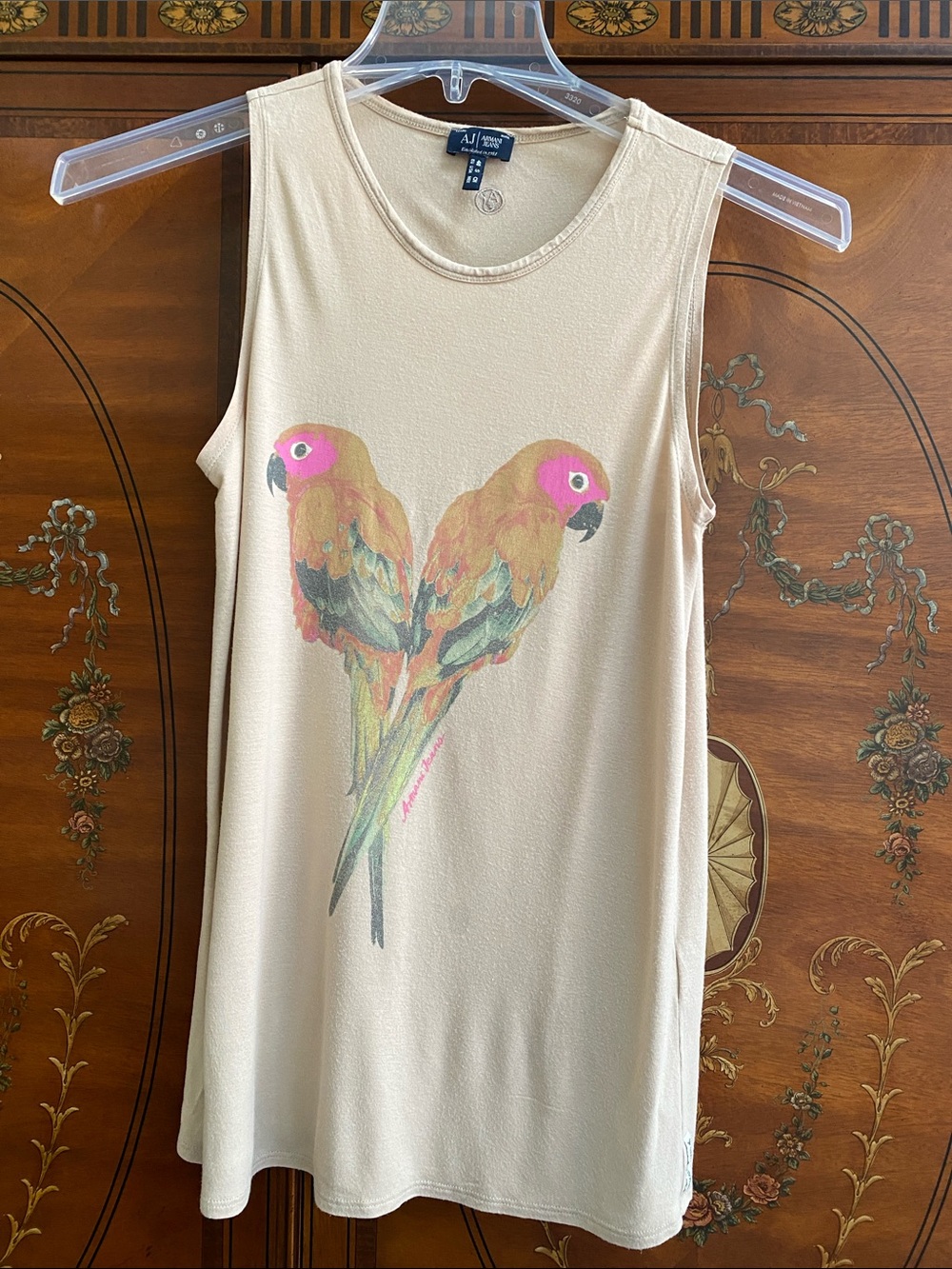 Armani Jeans Beige Tank Top with Pink-Head Parrot Graphic